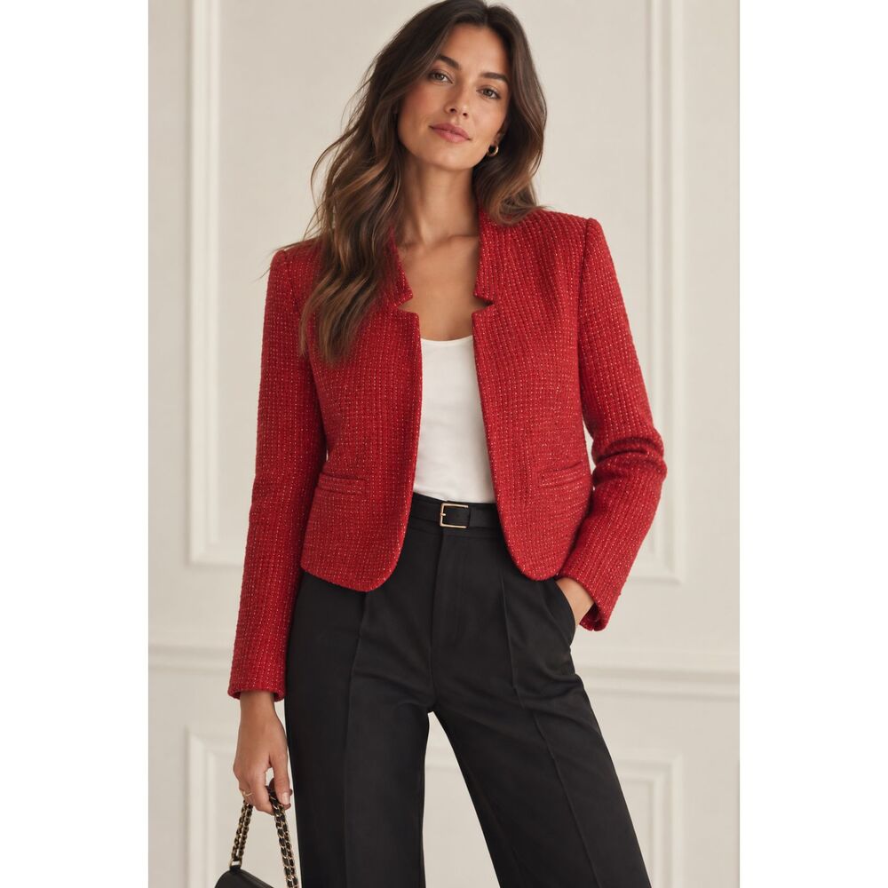C. Wonder Red Metallic Tweed Open Front Blazer Size M